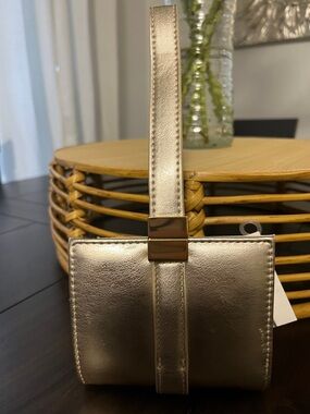Metallic Gold Leather Wristlet with Strap
